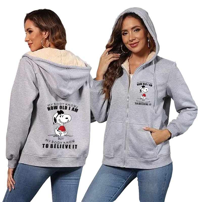 Snoopy Zip Up Fleece  Hoodies for Women Winter Hooded Pullover Cute Cartoon Thicken Sweatshirt Female Sport Outerwear Streetwear