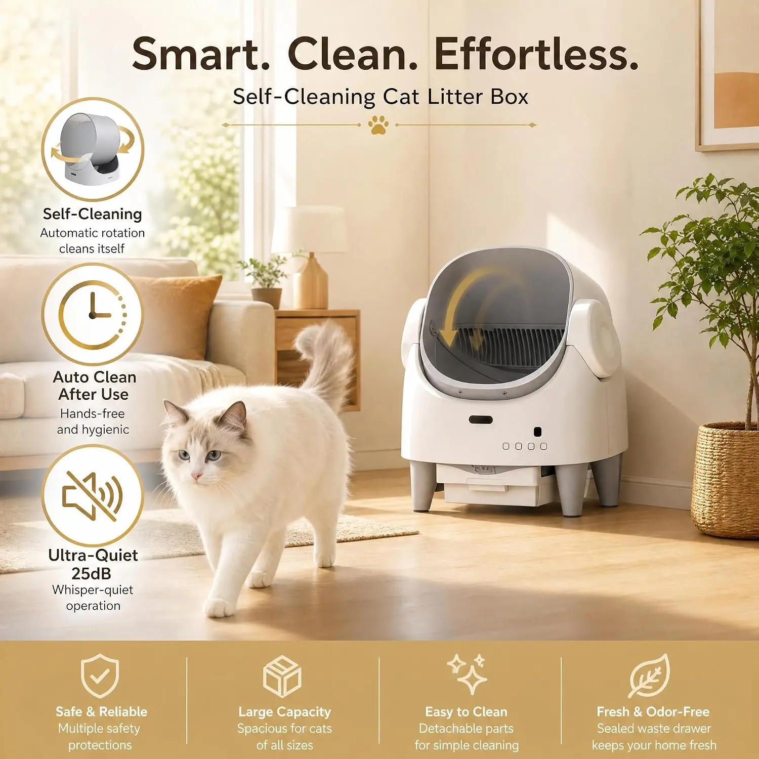 Top-Open Self-Cleaning Smart Litter Box, ABS Plastic Automatic Cat Litter Pan with Smart Sensor, Easy Clean White, Customized