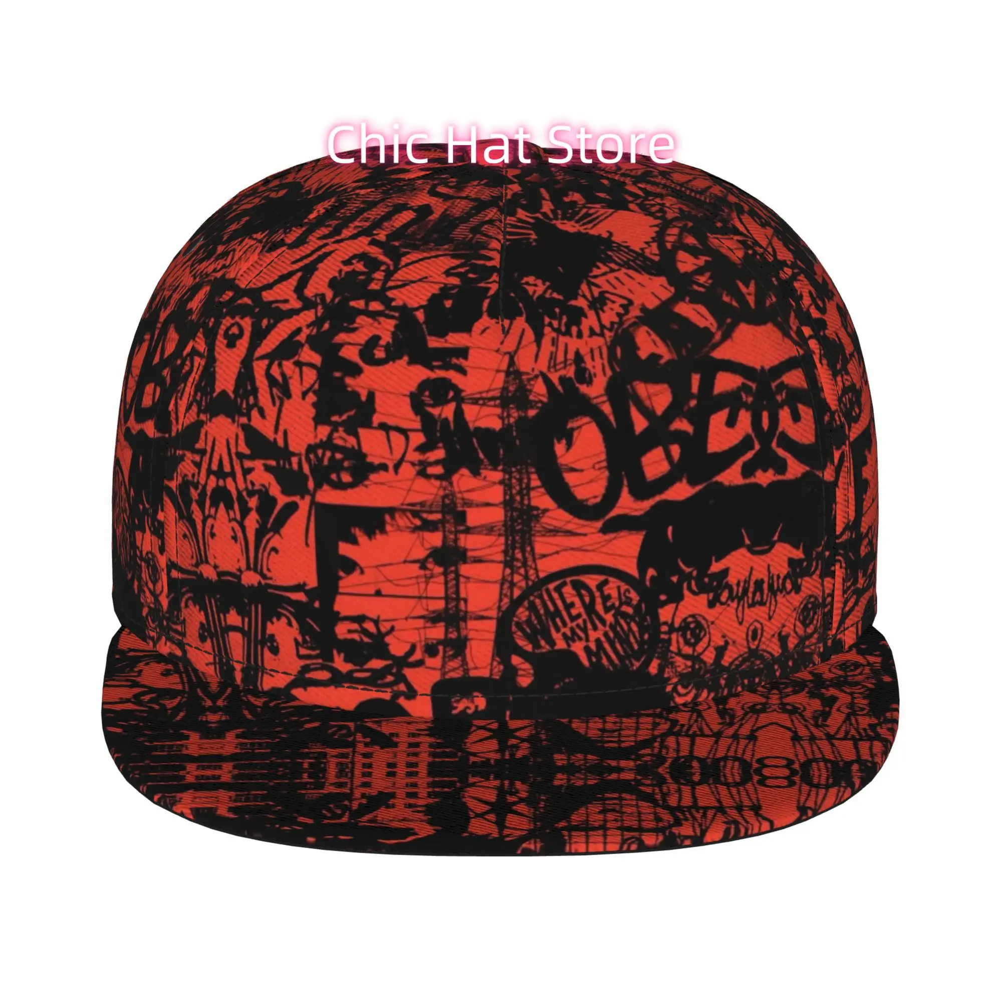 1pc Red Urban Chaos Collage Fully Printed Hip-hop Caps, Baseball Caps, Stylish Flat-brimmed Baseball Cap, Trucker Cap, Unisex