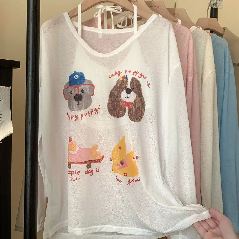 

Тонкая футболка с принтом собаки, солнцезащитная, свободного кроя, с мультяшным животным принтом, с длинными рукавами, эластичная, с круглым вырезом, оверсайз, летняя