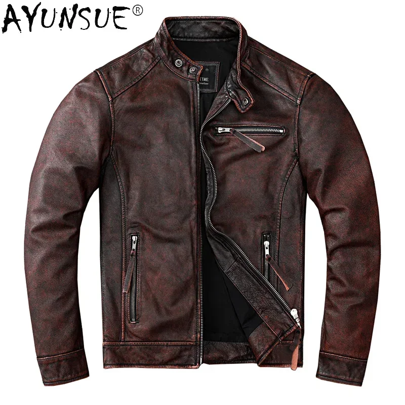 

Leather Spring Jacket Men Vintage Fashion Cowhide Stand Collar Streetwear Motorcycle Mens Clothing Chaqueta Cuero Hombre WPY3743