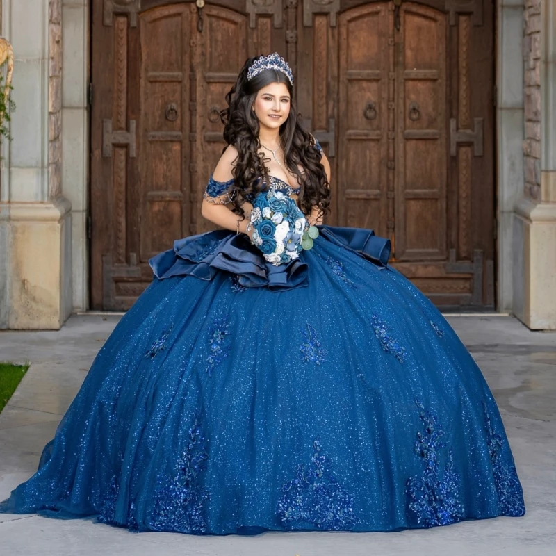 

Navy Blue Shiny Quinceanera Dresses Off The Shoulder Applique Lace Beading Crystal Tull Ball Gown Vestidos De 15 Anos Sweet 16