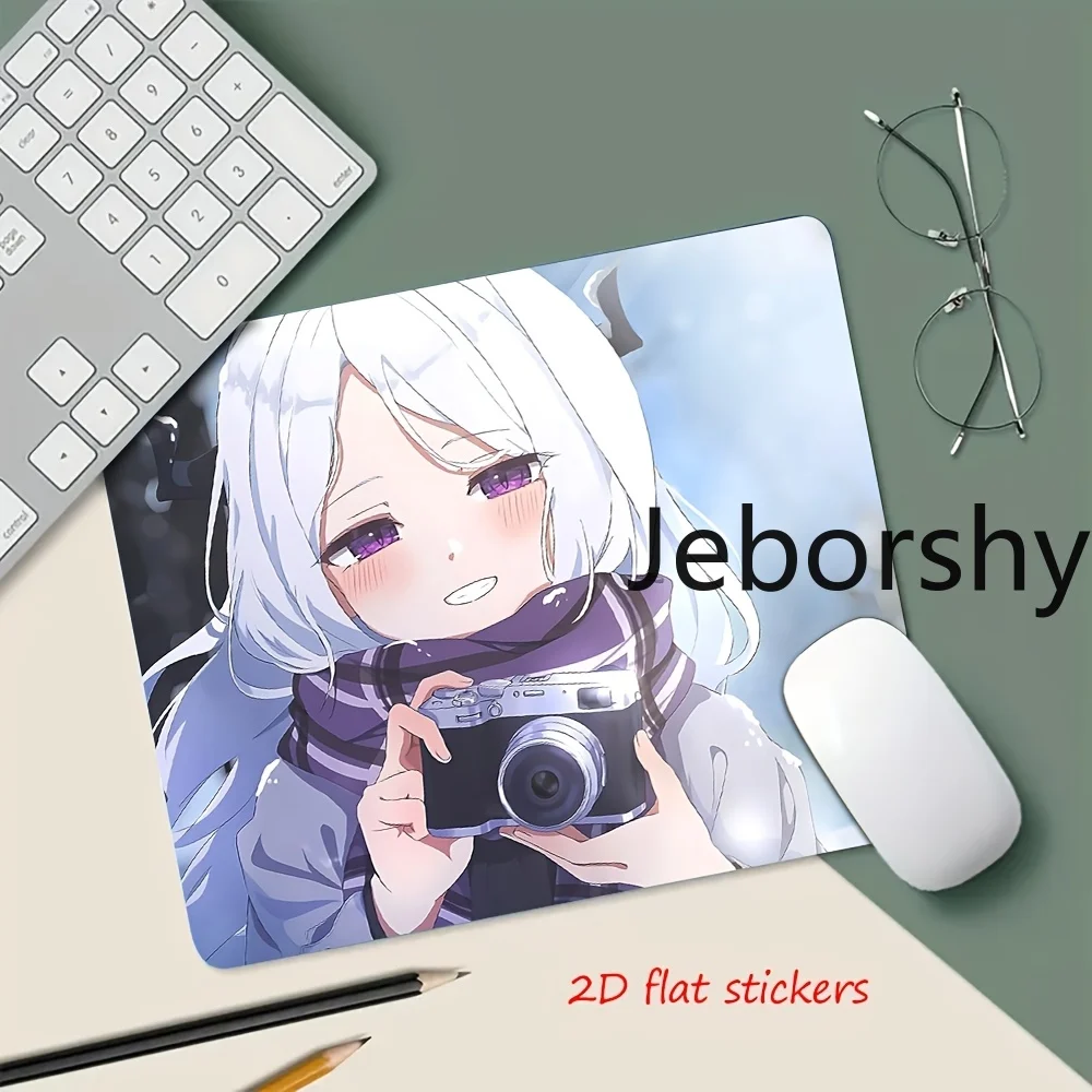 Cute Demon Girl with Camera Mouse Pad, White Hair Anime Character with Horns, Non-slip Desk Mat for Office & Gaming