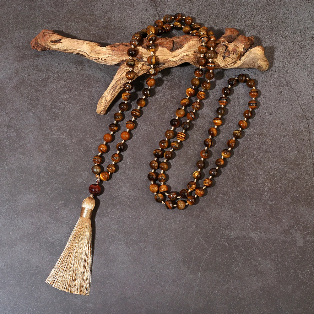 Collier Mala de 108 perles en œil de tigre jaune naturel de 8 mm, bijoux de méditation et de prière Japamala pour hommes et femmes