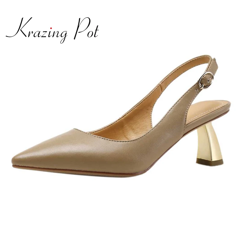 

Krazing Pot Big Size 43 Genuine Leather Pointed Toe Strange High Heels Slingback Beauty Lady Party Buckle Strap Women Pumps L94