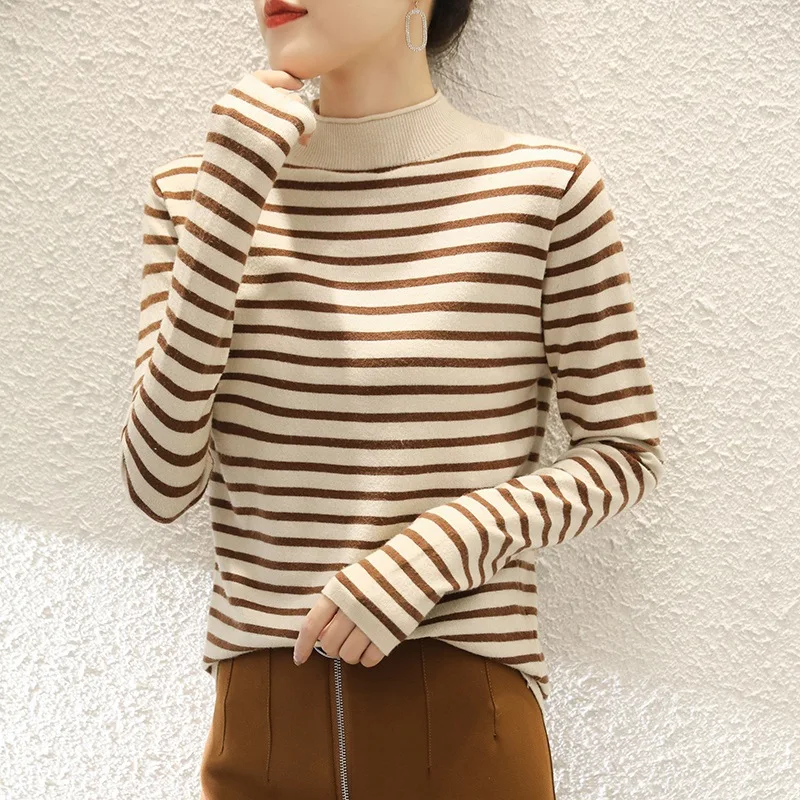 MRMT 2024 Brand New Women's Half Turtleneck Striped Sweater Women's Pullover Knit Sweater Cashmere Long Sleeve Bottoming Shirt