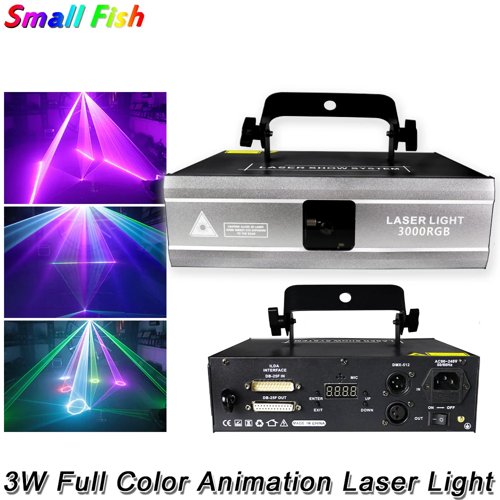 

3W Full Color Animation Laser Light DMX512 20kpps Scanning Stage Show Patterns Laser Projector For DJ Disco led Music Party Bar