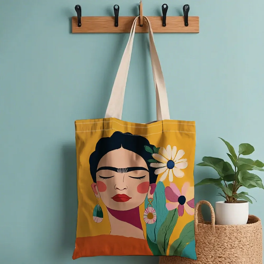 1pc Frida Kahlo Inspired Floral Portrait Print Reusable Canvas Shopping Bag, suitable for daily use, shopping, school and travel