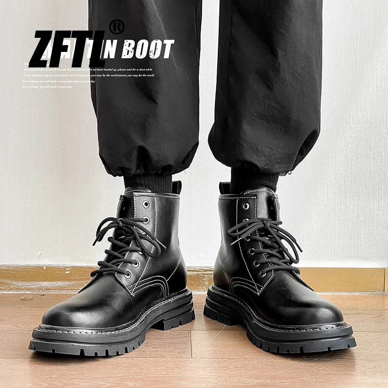 ZFTL Men\'s Chelsea Boots Man Casual Lace up Ankle Boots Male Cowhide Biker Leather Boots Workwear boots 2023 British Style Black