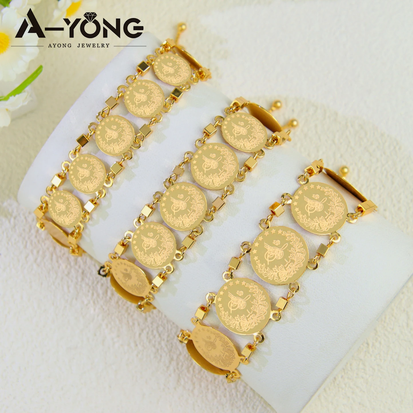 Arab Gold Plated Coins Bracelet 18k Gold Plated Turkish Fashion Adjustable Bangles Saudi Dubai Woman Event Party Daily Jewelry