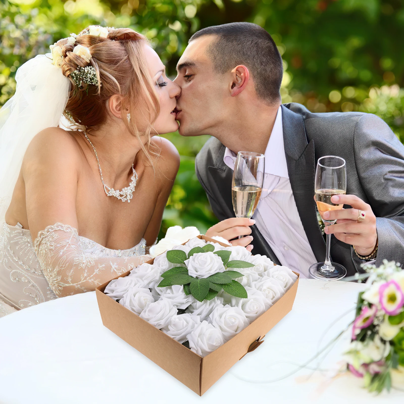 

50 White Artificial Foam Roses in Box for Home Decor Valentine Day Wedding Gifts Fake Flower Bouquet Simulation Props
