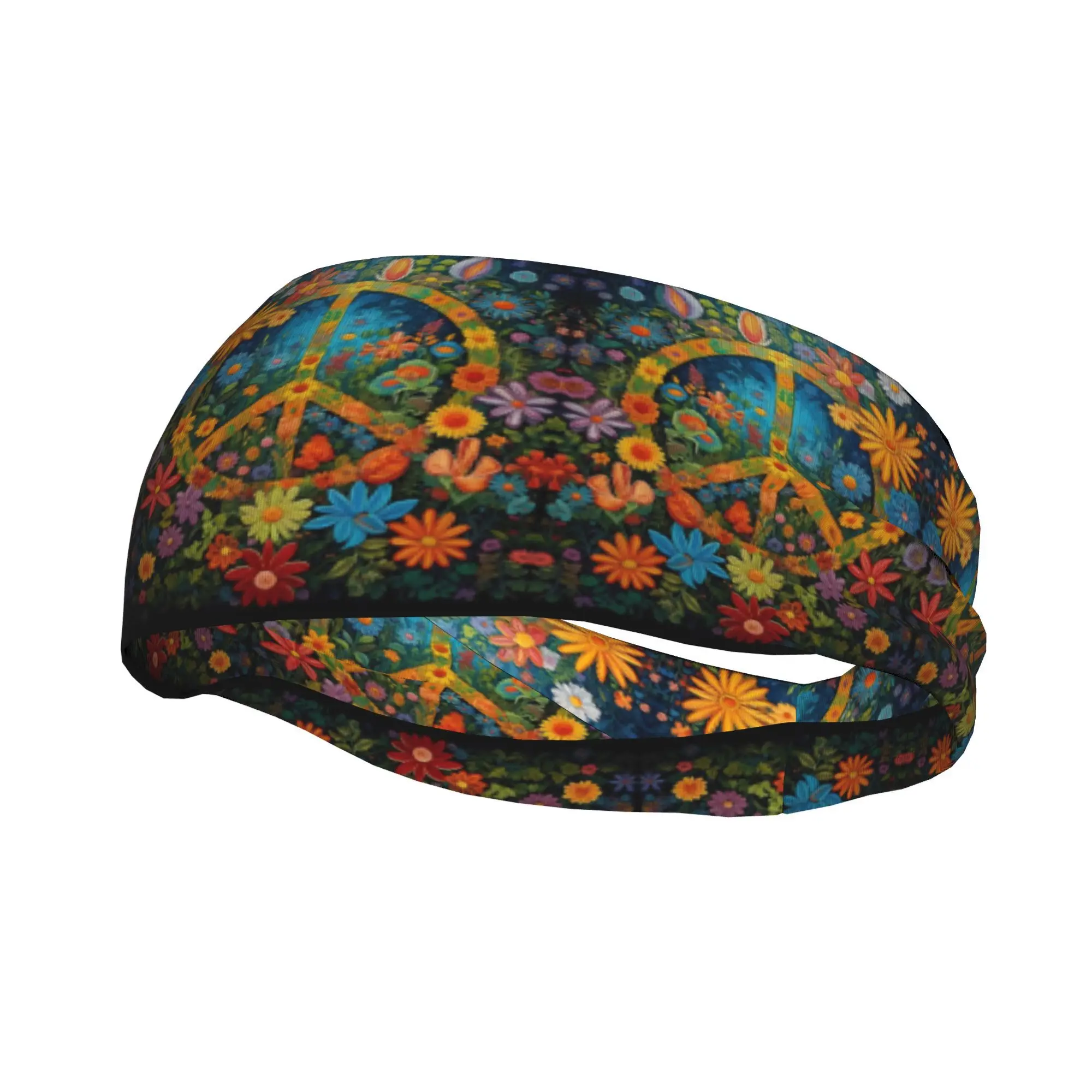 

Повязка на голову с цветочным принтом и знаком мира, впитывающая пот, спортивная повязка для волос для йоги, бега, повседневного ношения, эластичная, нескользящая, в стиле хиппи