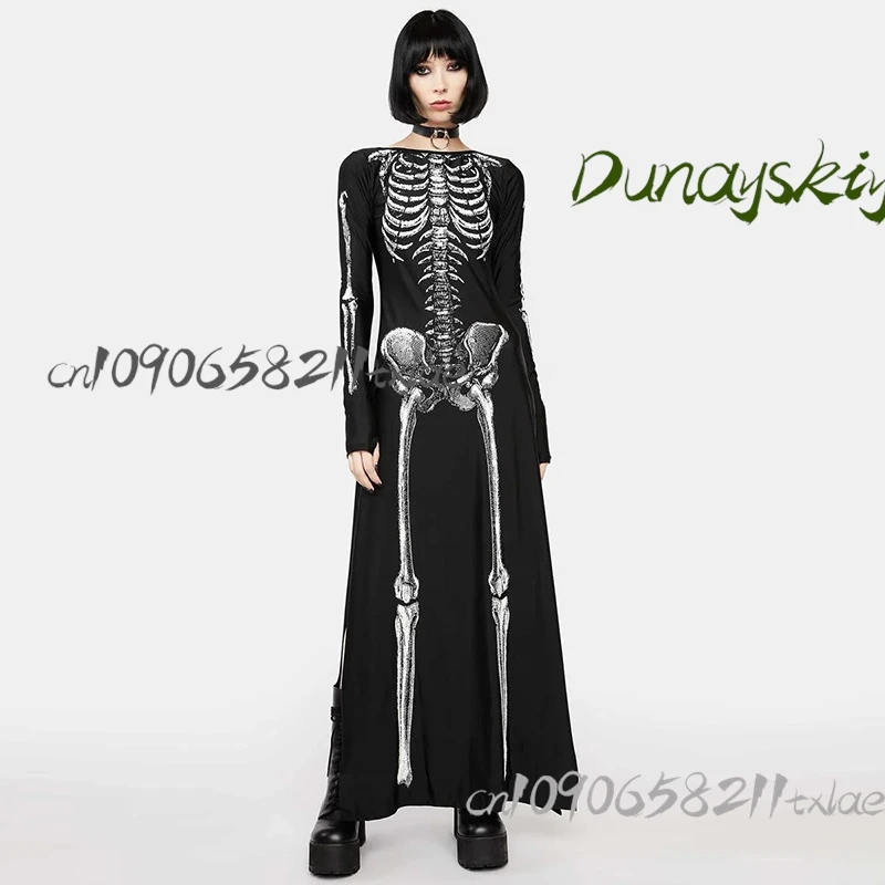 

Gothic Y2K Maxi Dress - Halloween/Christmas/Easter/Oktoberfest Versatile Skull Print Dress
