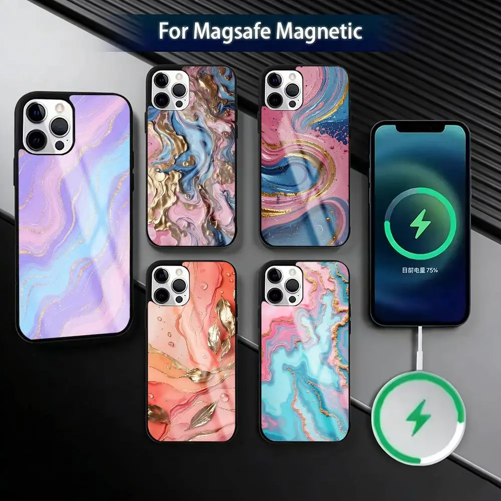 

Luxury pink blue Oil Painting Phone Case For iPhone17,16,15,14,13,12,11 Plus,Pro Magnetic For Magsafe Wireless Charging
