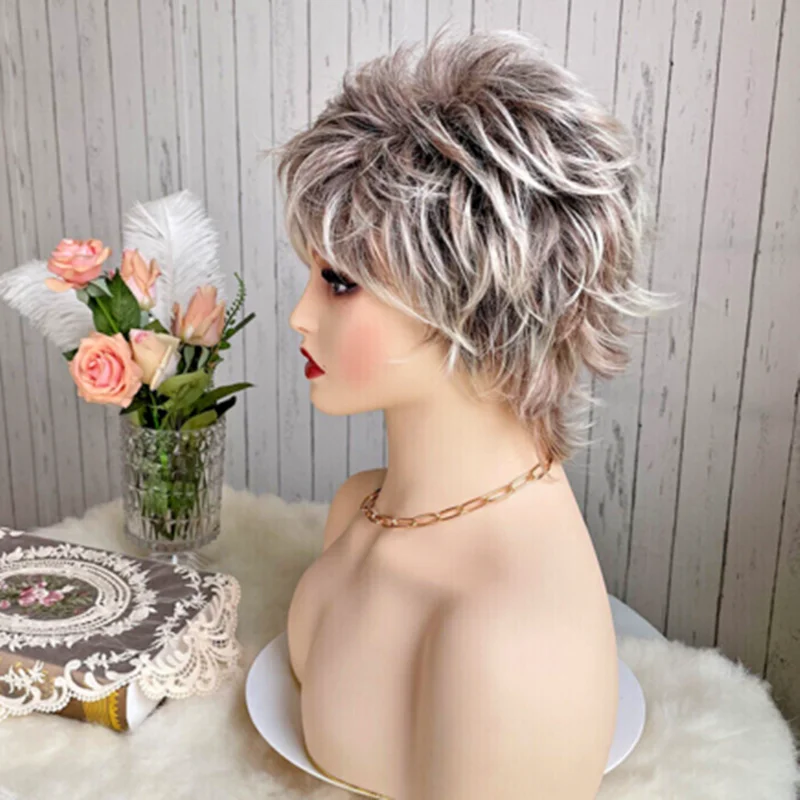 

Женский короткий парик с стрижкой пикси, коричневый, серый, с челкой, косплей-вечеринка