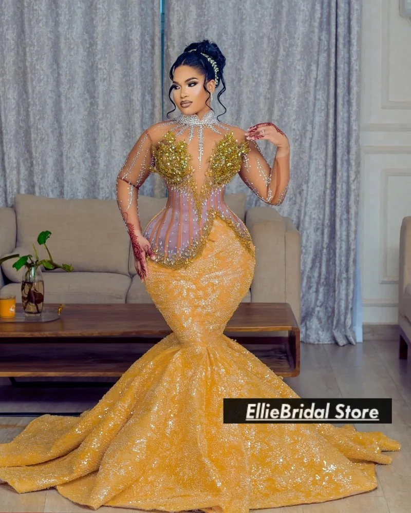 Delicate Crystal Sequin Hoge Hals Avondjurken Luxe Kralen Sheer Top Lange Zeemeermin Bruiloft Jurk Prom Jassen Aangepast