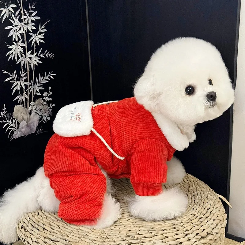 

Pet Dog Four-legged Cotton Clothes Winter Teddy Warm Clothes Yorkshire Lame Embroidery Jumpsuits Puppy Thickened Coat