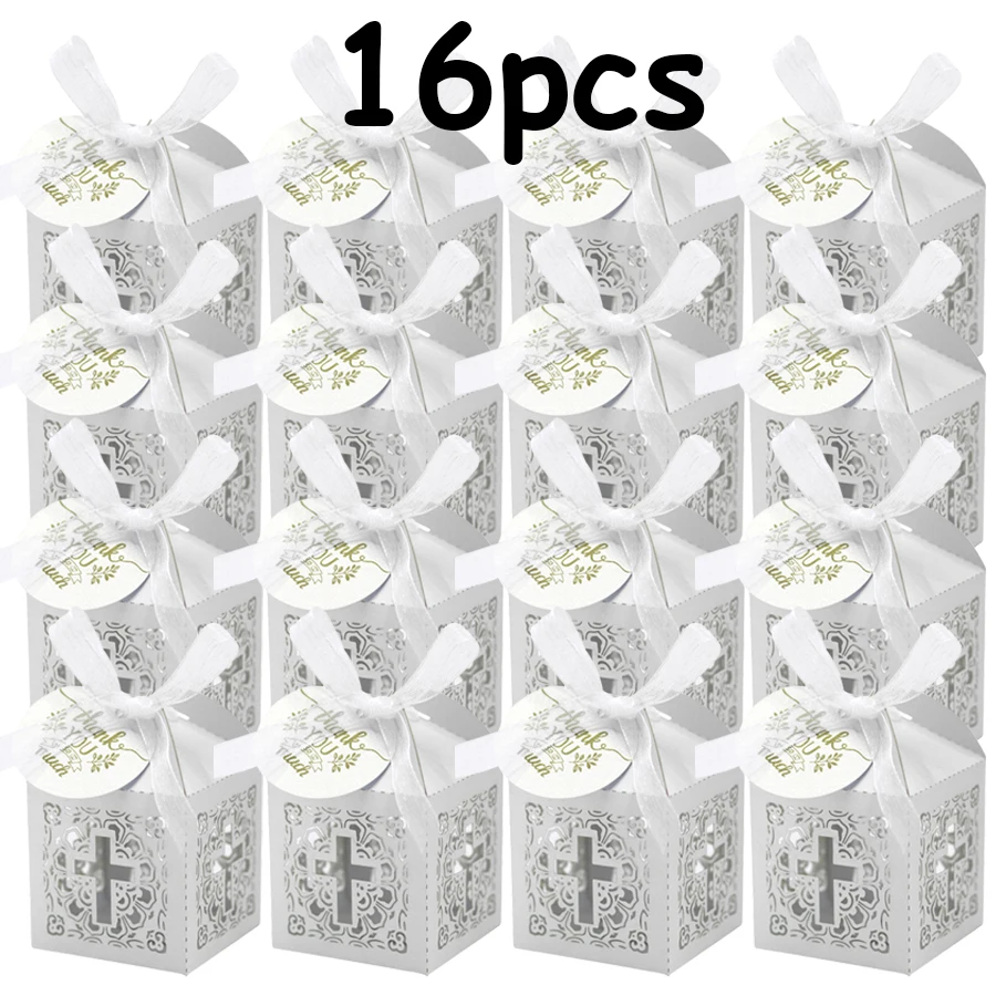 Laser Cut Cross White Candy Boxes with Tags & Ribbons
