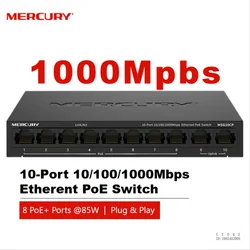 MERCURY 10-port Gigabit PoE Switch 8 Ports PoE@85W+2Gigabit Uplink Ports, Plug and Play Monitoring Network Line Splitter MSG10CP