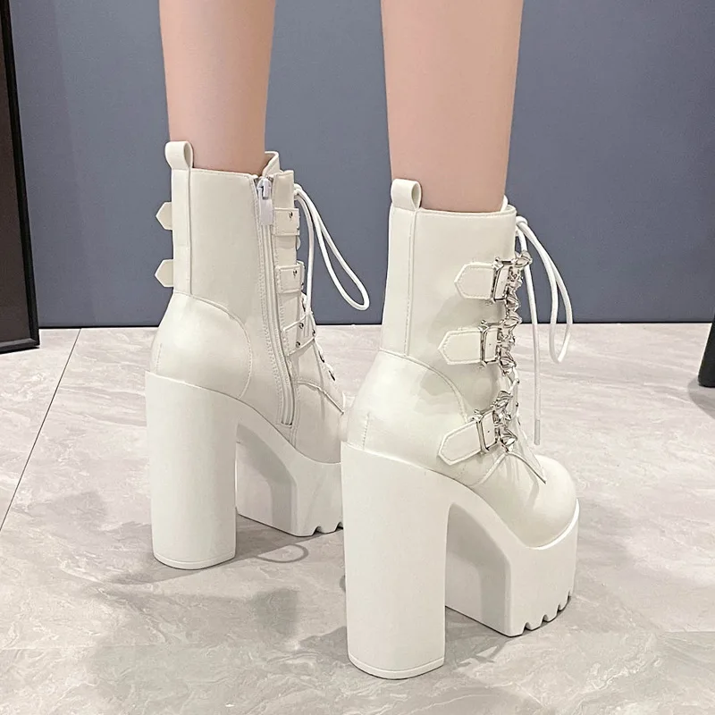 Autumn thick heel waterproof platform pearl chain lace-up bat belt buckle short tube large size thick sole high heel women boots