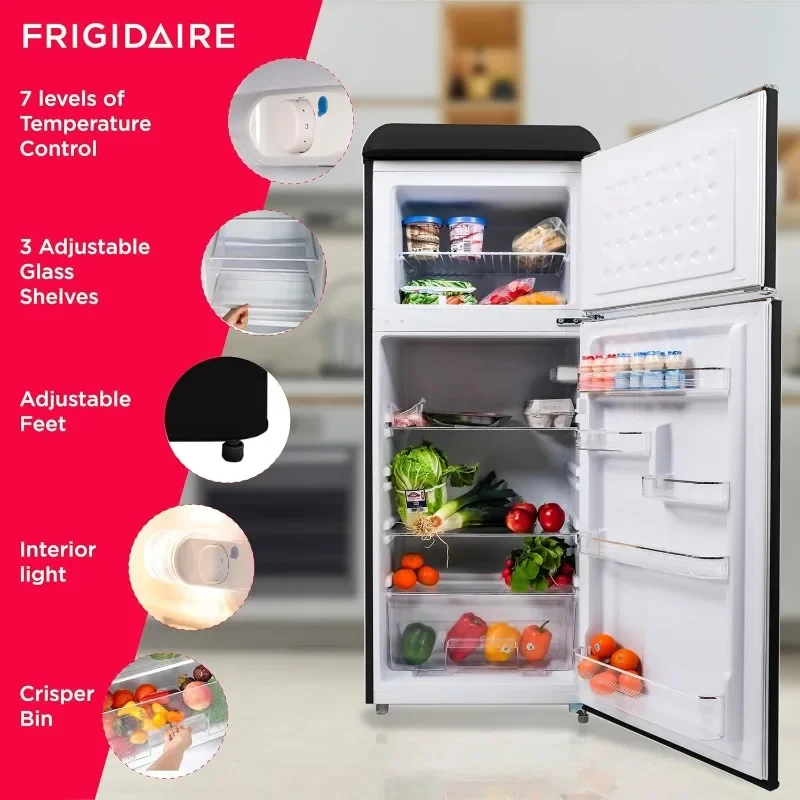 FRIGIDAIRE EFR756-BLACK EFR756, 2-дверный холодильник в стиле ретро с морозильной камерой, хромированные ручки, 7,5 куб. футов, черный