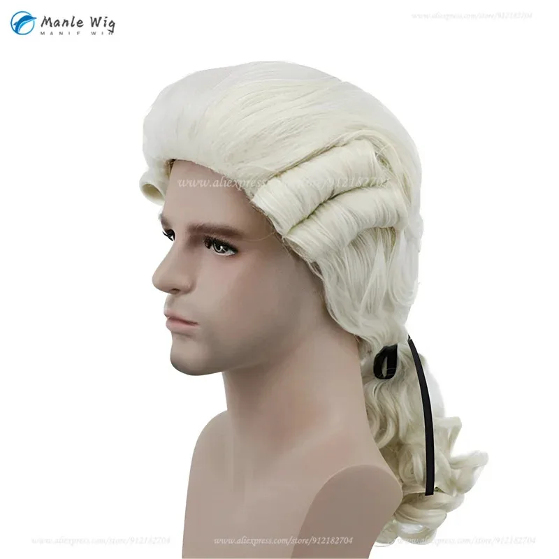 Avocat juge Baroque gris Cosplay Beige blanc noir gris doré bouclés Costume masculin perruques historiques de luxe + bonnet de perruque