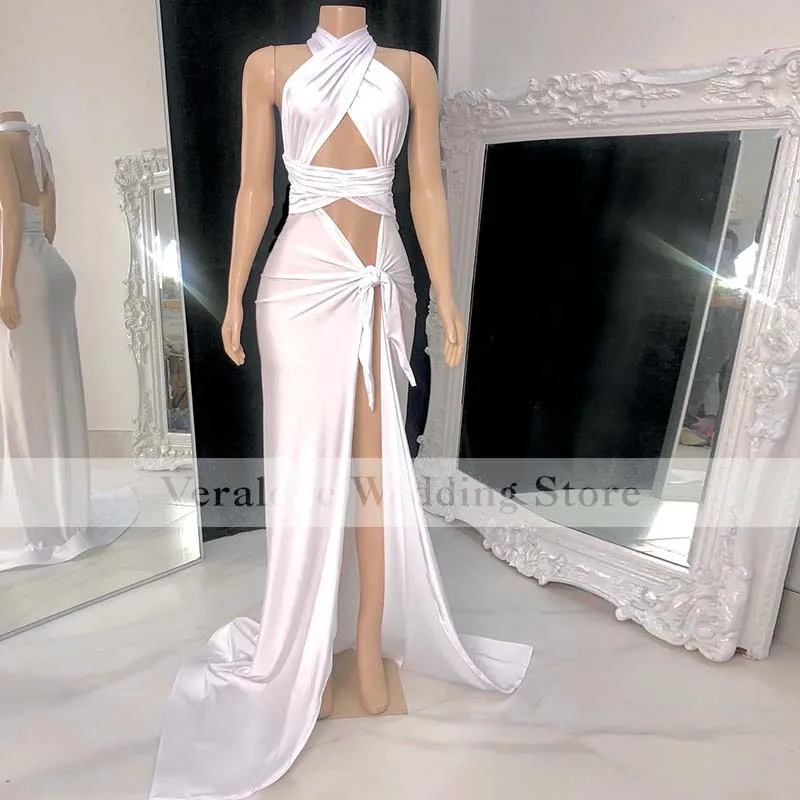 Customized 2025 Sexy White Evening Dress Mermaid Split Halter Neck Pageant Wedding Event Prom Party Gowns