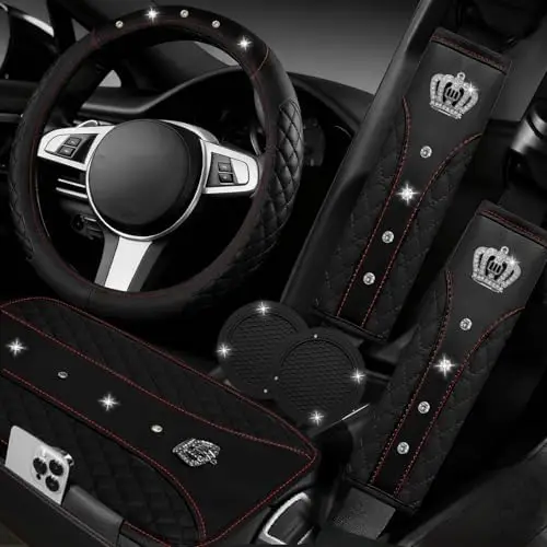 

Комплект для интерьера автомобиля NBTEPEM из 6 предметов – универсальный кожаный чехол на руль и аксессуары (черный)