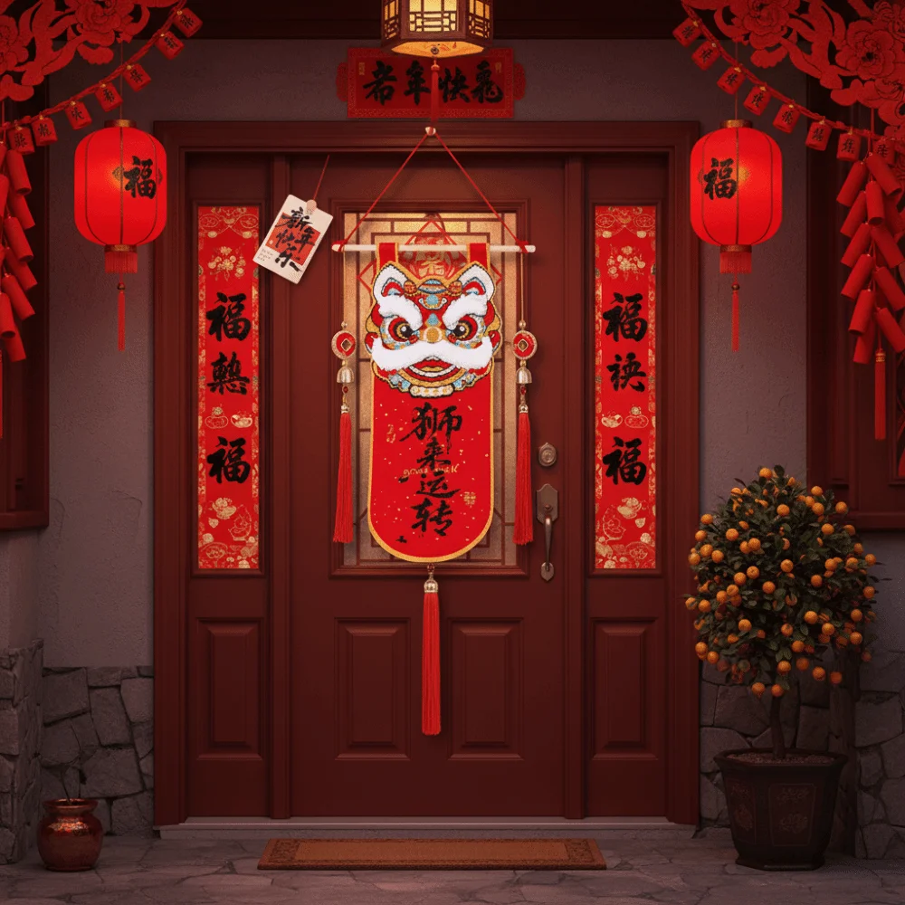 

Knitted Lion Dance Decoration Pendant Tassels Design Red Color Spring Festival Decoration Awakening Lions Good Fortune Banner