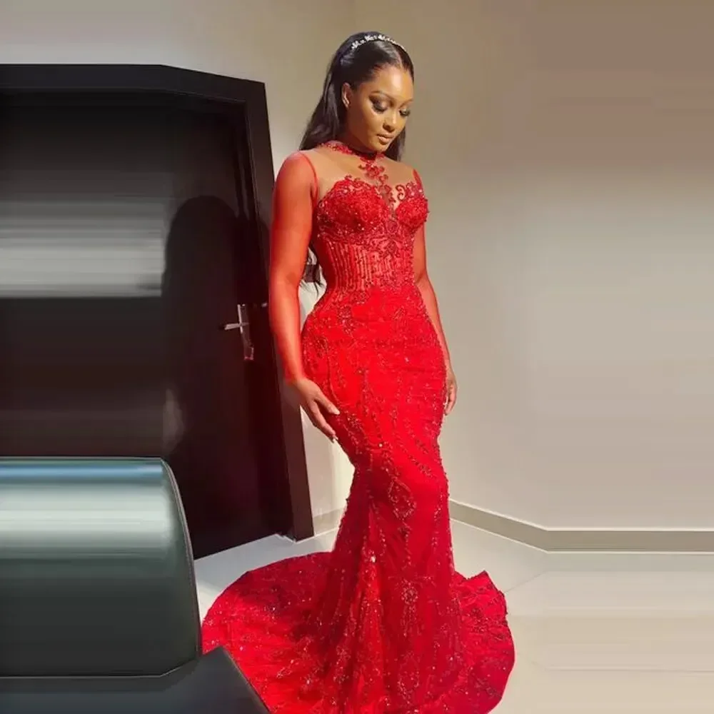 

Sparkly Beaded Prom Dresses 2025 Luxury Mermaid Long Sleeves Aso Ebi Red Wedding Party Birthday Formal Evening Gown Customized