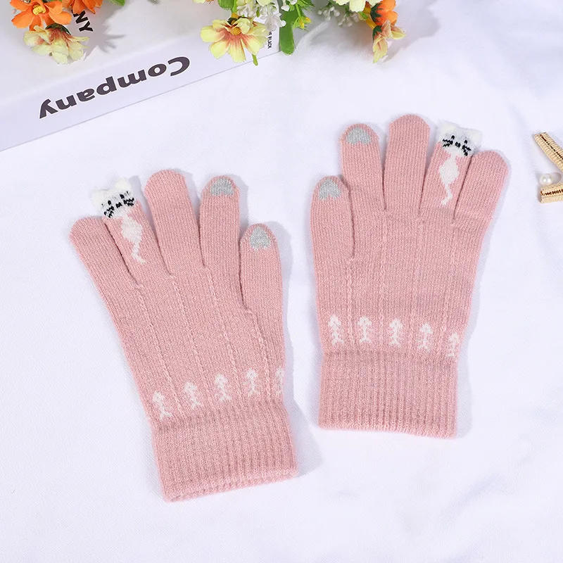 Зимние перчатки с мультяшными кошками, ветрозащитные теплые перчатки с сенсорным экраном, утепленные перчатки с полным пальцем для верховой езды, осень-зима, новинка