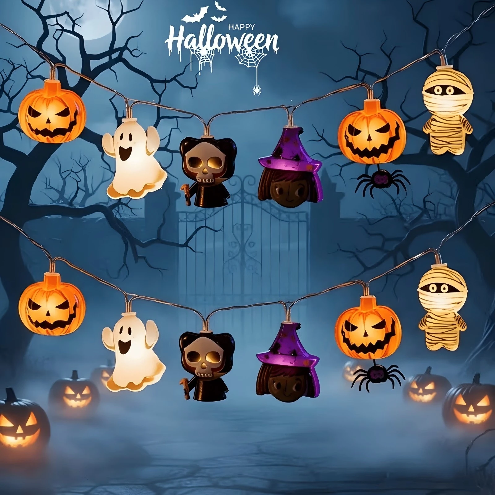 Playful Terrifying Halloween Assorted Monster Shaped String Lights,  Multi-Type Horror Cartoon Figure Luminous Bulb Lights