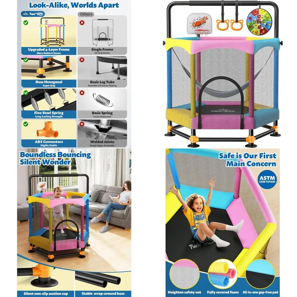 

60" Trampoline for Kids, 5FT Fortified Toddler Trampolines with Anti-Rollover Bottom, Indoor/Outdoor Toddler Trampoline with Saf