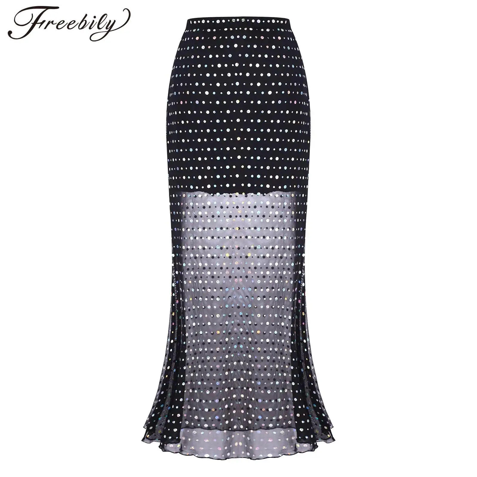 

Womens Vintage Sheer Mesh Skirts Lady Elastic Waist Glittery Bodycon Maxi Skirt for Banquet Dance Evening Sequined Mermaid Skirt