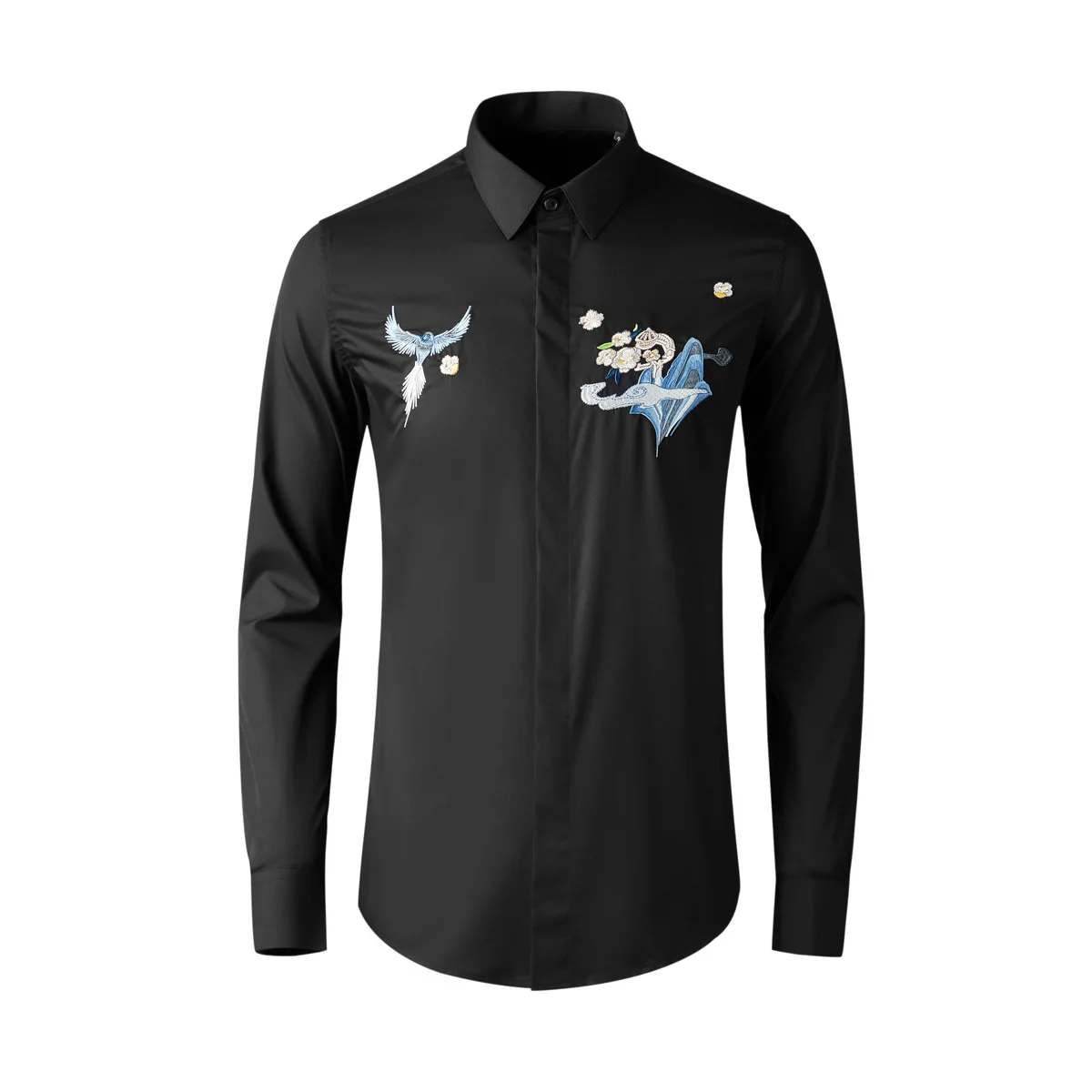 2025 Chinese style landscape bird embroidery long sleeved men's shirt slim fit top factory supply