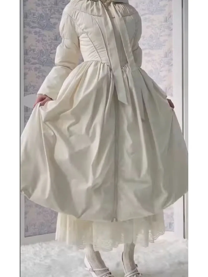 Women Chic Solid Maxi Dress Puff Jacket Slim Fit S Line Big Hem Warm Long Robes Coat 2026 New Outfit Lady High Street Outwear
