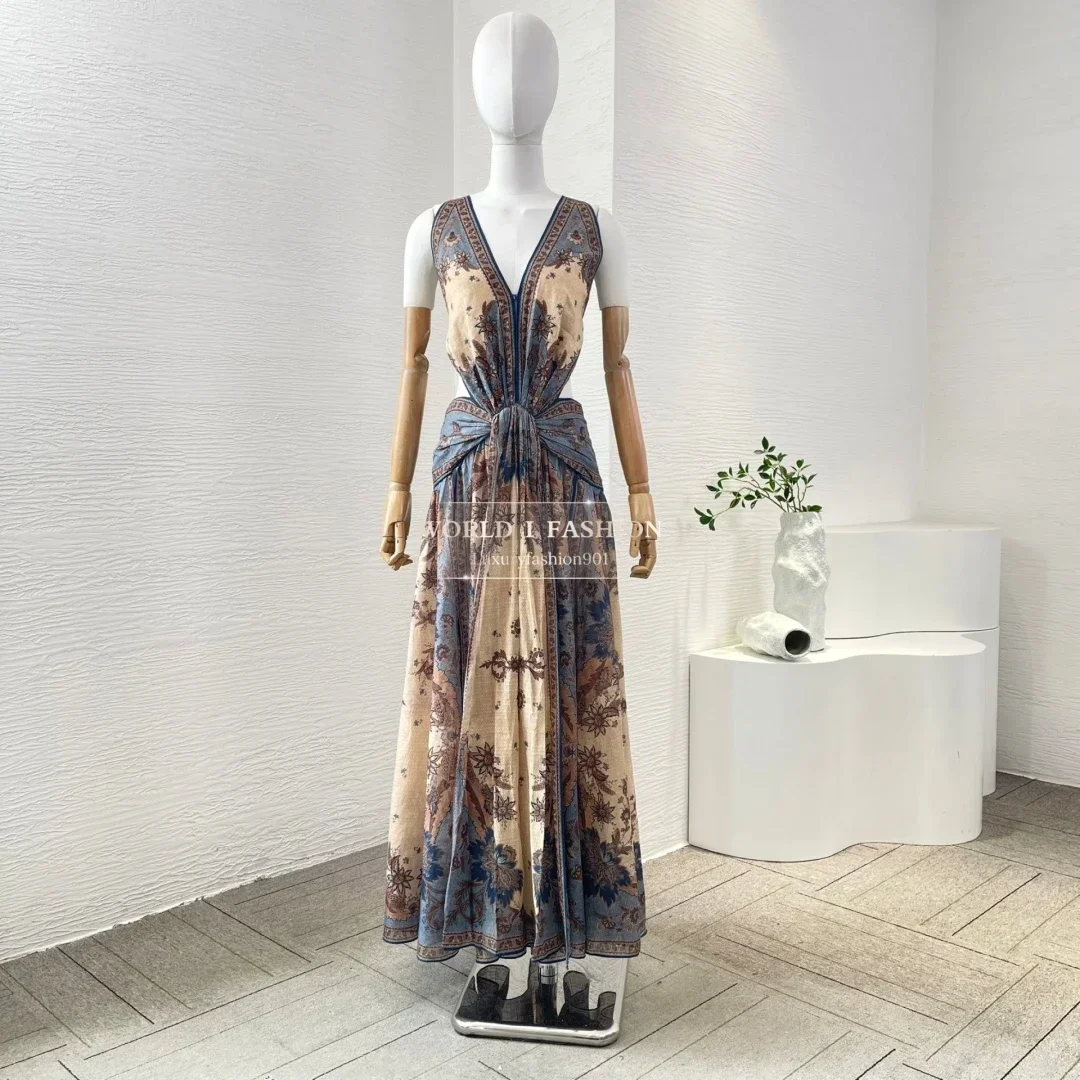 Robe mi-longue bleu kaki, sans manches, décolleté en V profond, fente haute, dos nu, 2025