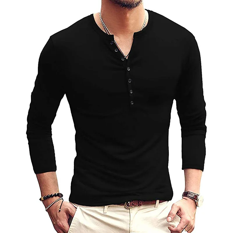 

Auturn Winter New Men's T-shirt S-XXL Solid Color Office Workwear Business Tee Shirt Long Sleeves Henry's shirt