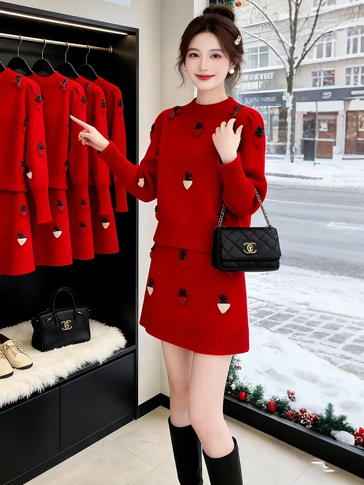 

Стильный зимний вязаный комплект из свитера и юбки для женщин: утягивающий дизайн с высокой талией, повседневный, теплый, утолщенный.