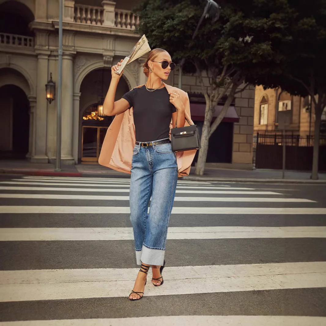 

High Waist Straight Leg Jeans Women's Premium Quality High Elastic Cuffed Long Pants Spring New Style Retro Folded