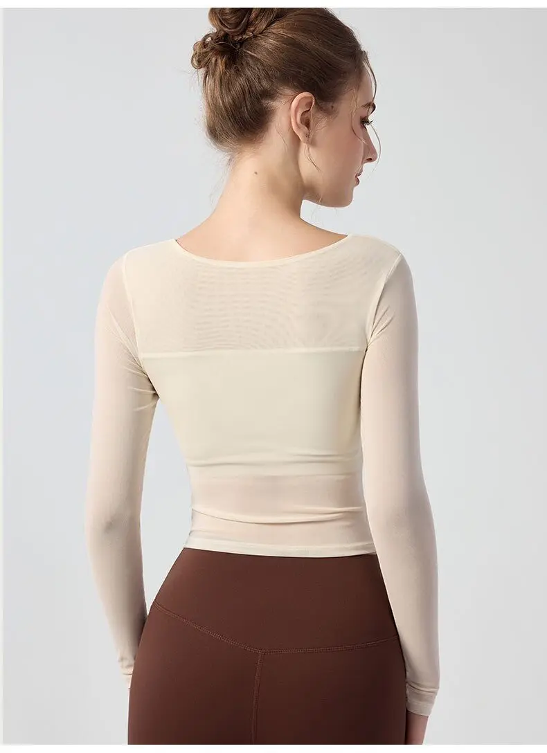 T-Shirt mit quadratischem Ausschnitt und Polka-Dot-Muster, Retro-Stil, langärmelig, für Damen, mit unregelmäßigem Saum, Taillenbund, Brustpolster, geeignet für Yoga, Fitness und Pilates. – Detail 9