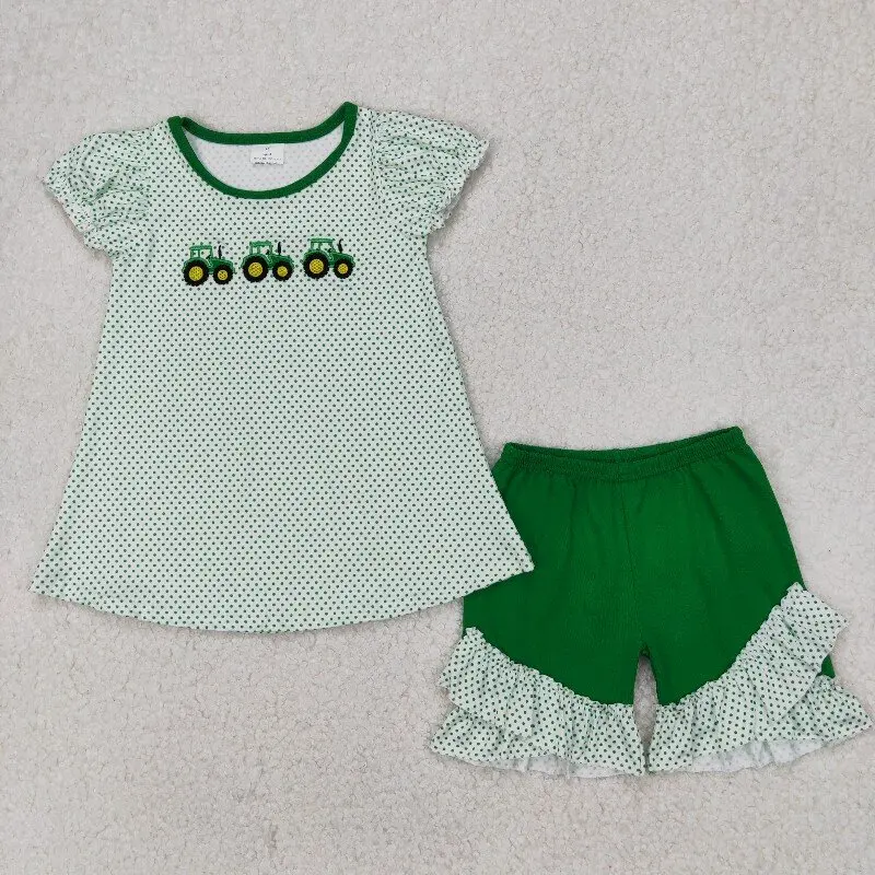X11.25 GSSO2268 Summer Children's Embroidered Farm Tractor Polka Dot Short-sleeved Green Shorts Set
