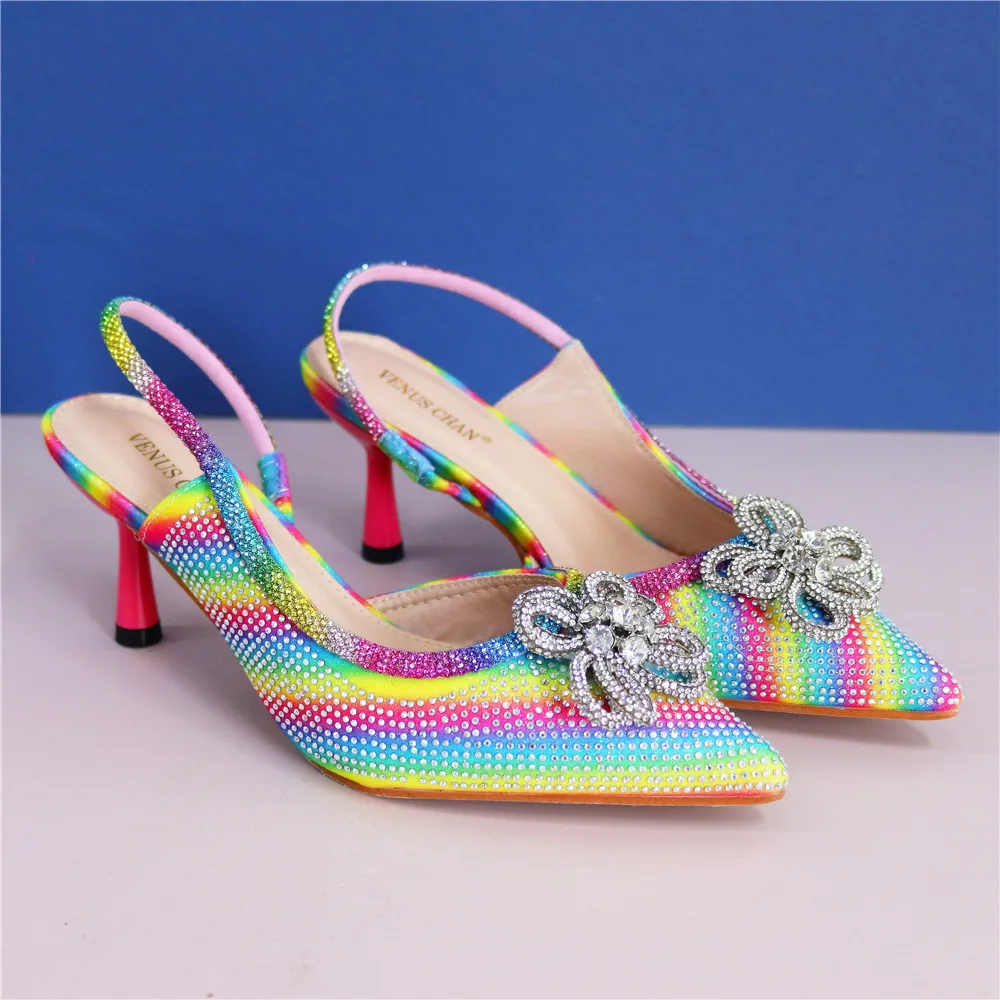 

2025 New Italian Style Sweet Style for Rainbow Wedding Party Slingbacks Sandals Rhinestone Women Wedding Shoes Elegant