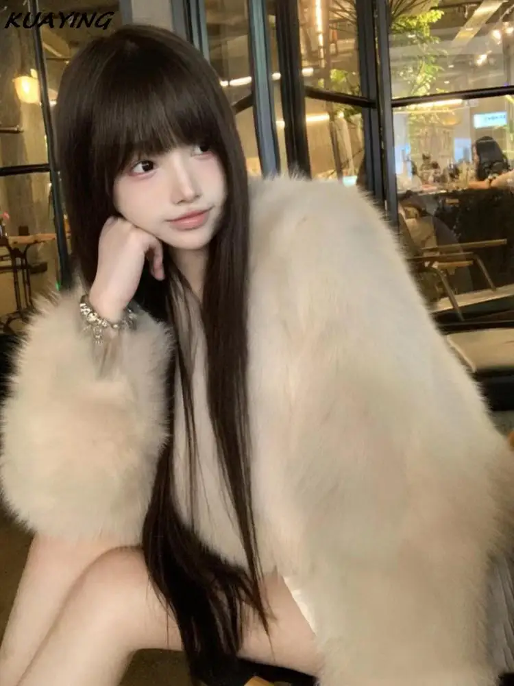 Sweet Faux Fur Coat Elegant Solid Fluffy Long Sleeve Cardigan Women's Winter Jacket Office Lady Outerwears Female New Outfits