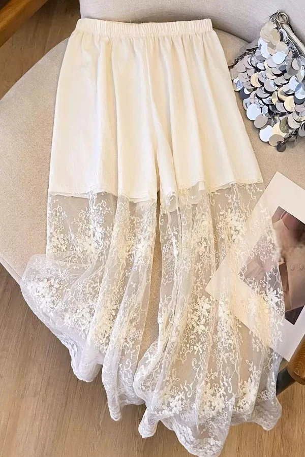 2026 Spring and Summer New Girl Sweet and Fresh Nine-point Loose Lace Wide-leg Pants Lace Leggings New Chinese Style