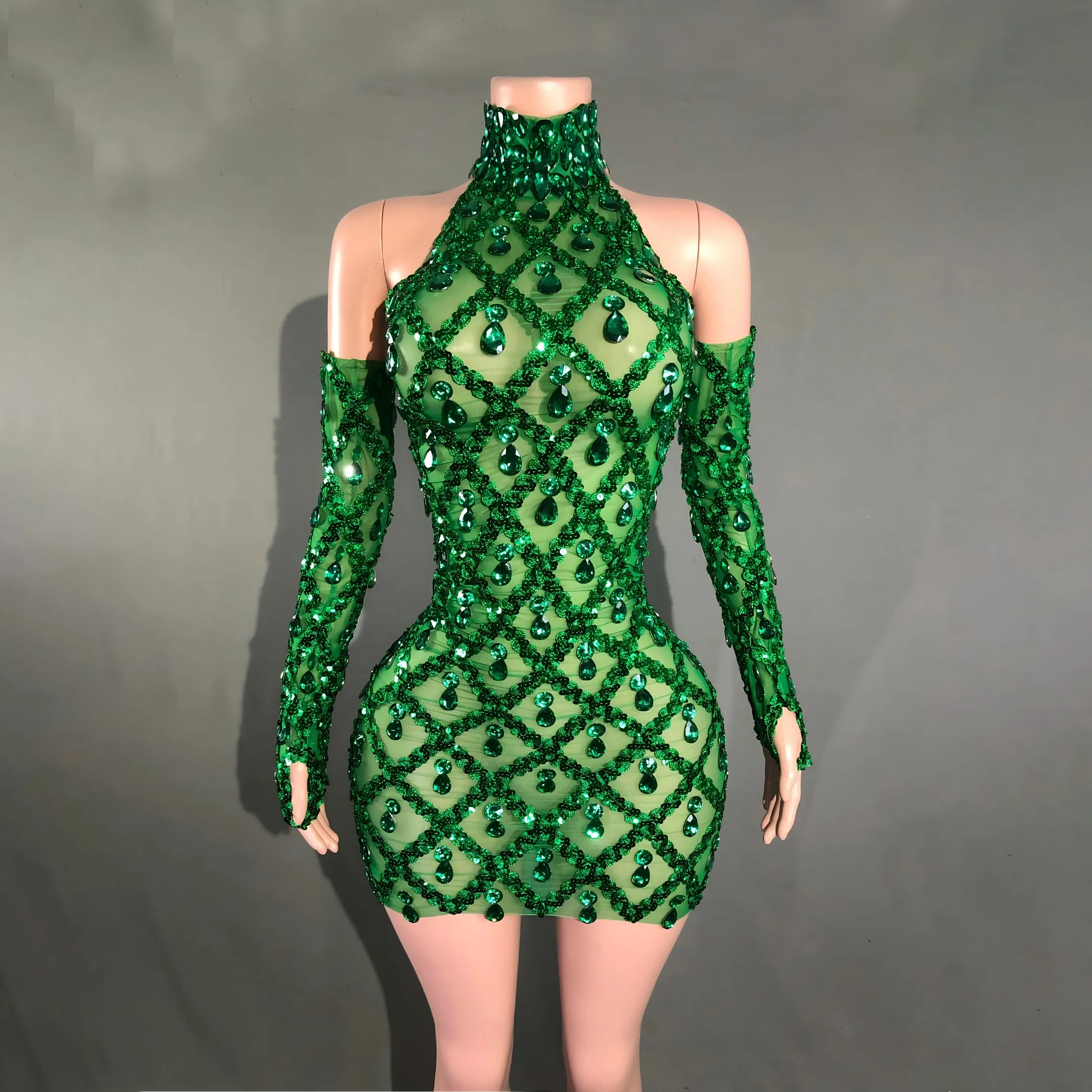 

high neck neckband with sleeves sexy stage performance costume sleeveless shiny diamond backless short skirt waist mesh