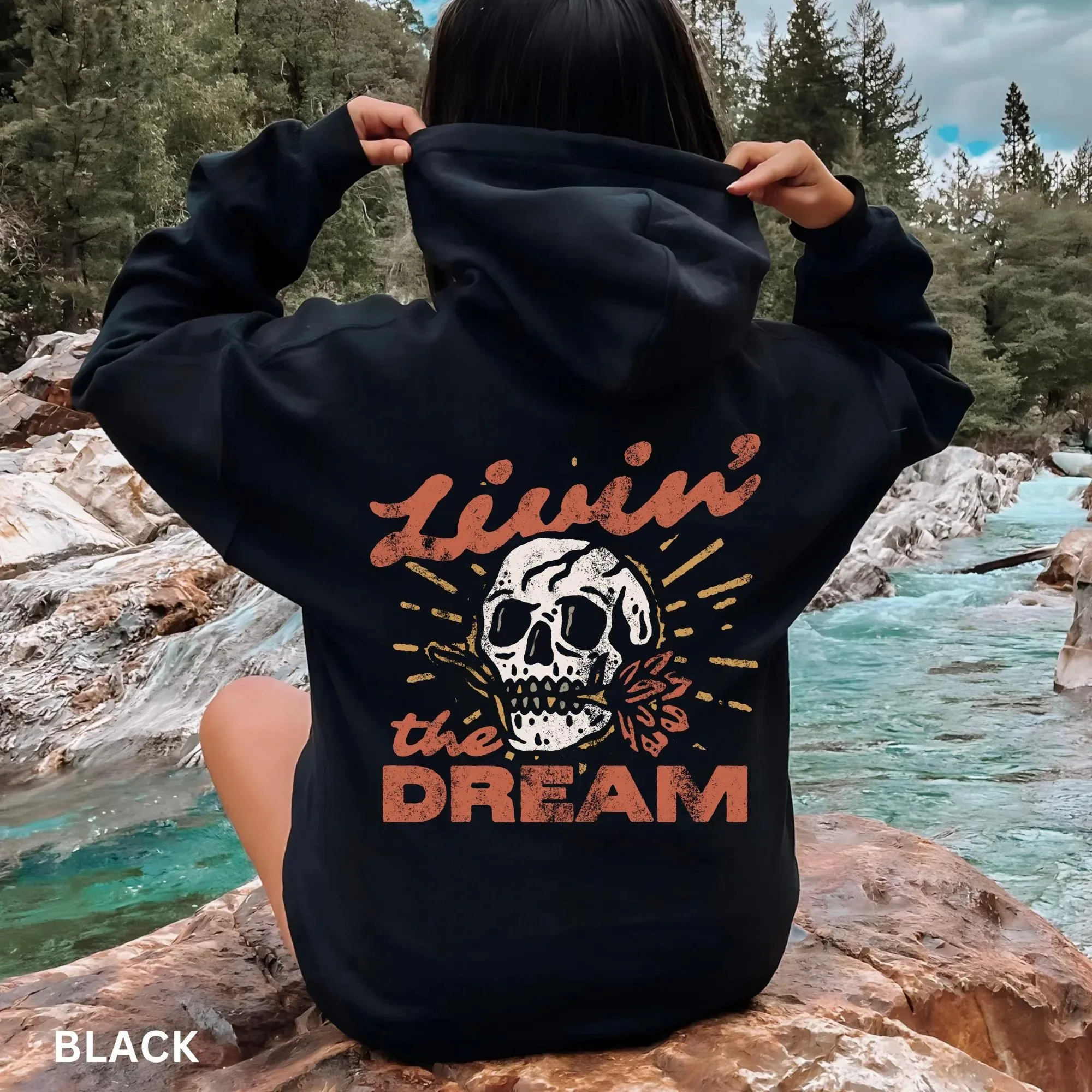 

Autumn and Winter Style Dark - Humor "Livin' The Dream" Cotton Hoodie Adding A Touch of Quirky Charm To Your Autumn and Winter