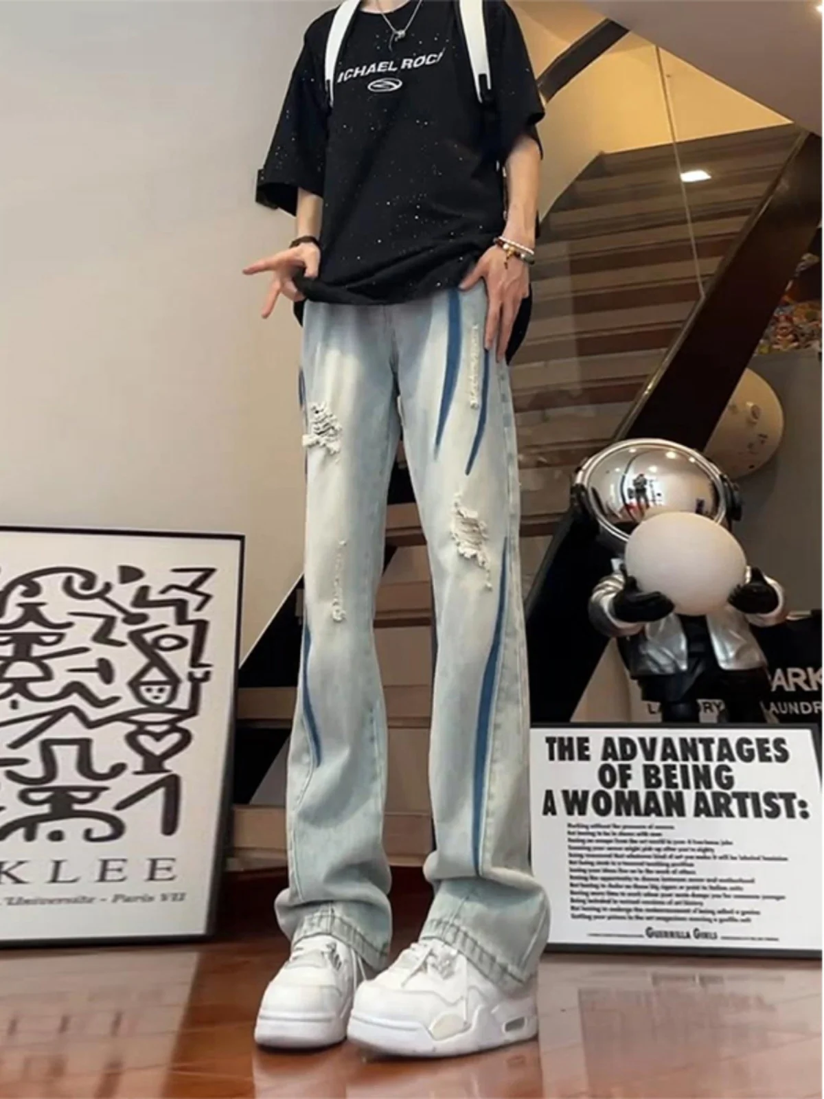 

Мужские джинсы в американском стиле с эффектом тай-дай и дырками, летние, трендовые, свободного кроя, прямые, расклешенные, из смесового хлопка и полиэстера