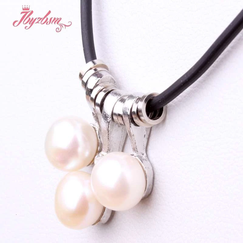 Natural 3 Pc Freshwater Pearl Round Stone Beads Silver Plated Pendant Leather Necklace For Women Christmas New Year Gift 17\