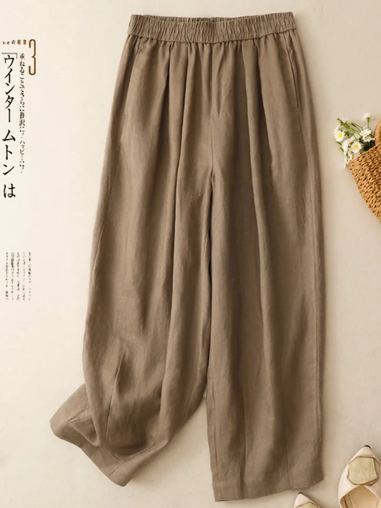 กางเกงผ้าลินินทรงหลวมสบายๆ สำหรับผู้หญิง ฤดูร้อน เอวยางยืด ทรงบอลลูน ช่วยให้ดูผอมลง น้ำหนักเบา ใช้งานได้หลากหลาย